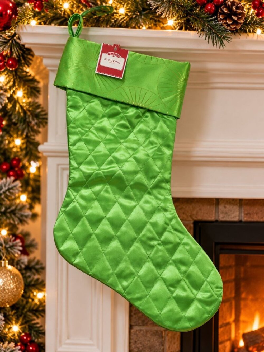 Holiday Time Green Quilted Christmas Stocking With Gold Accents 20 Inches